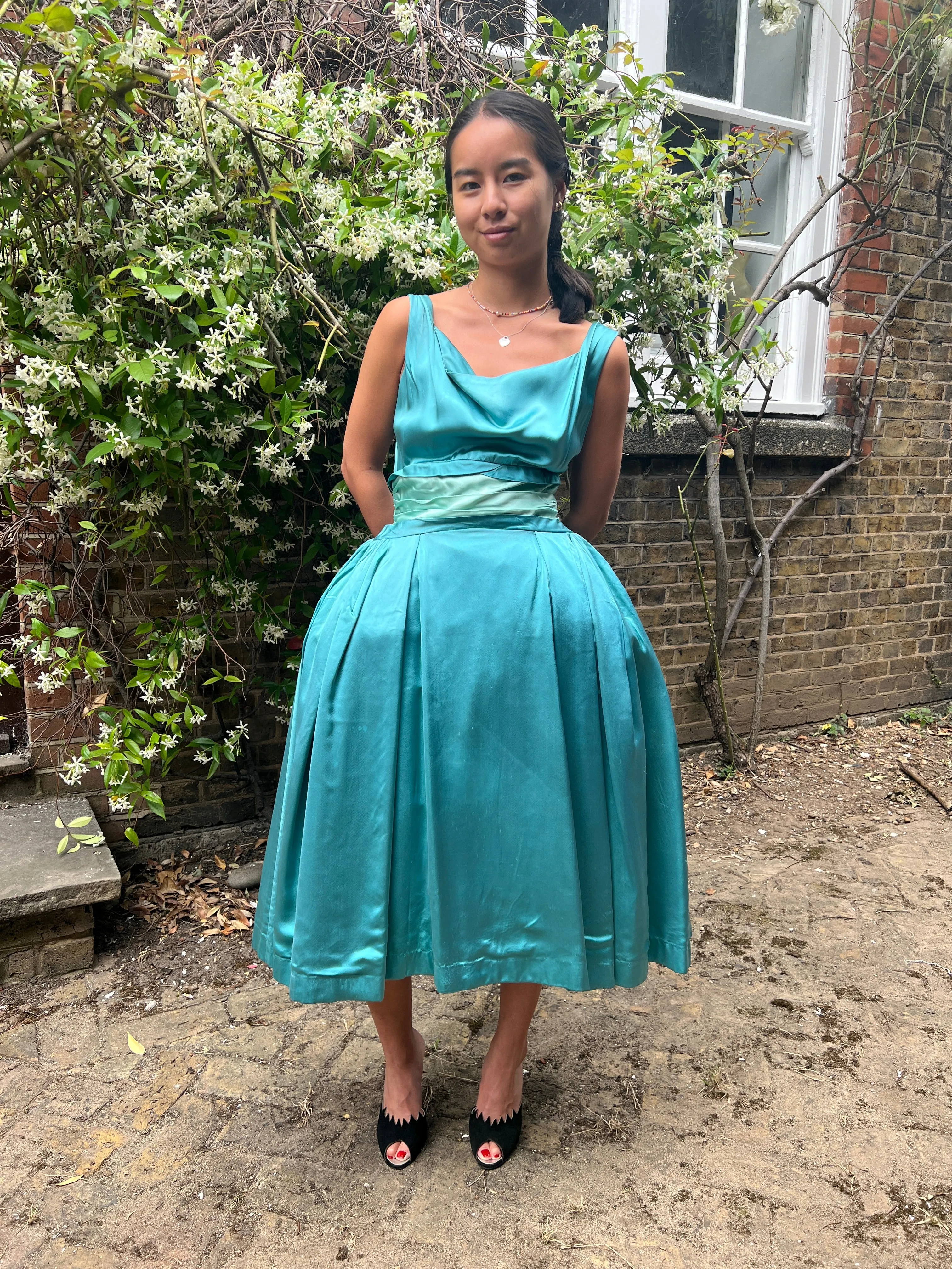 1950s Turquoise Satin Duchess Dress With Corseted Waistband