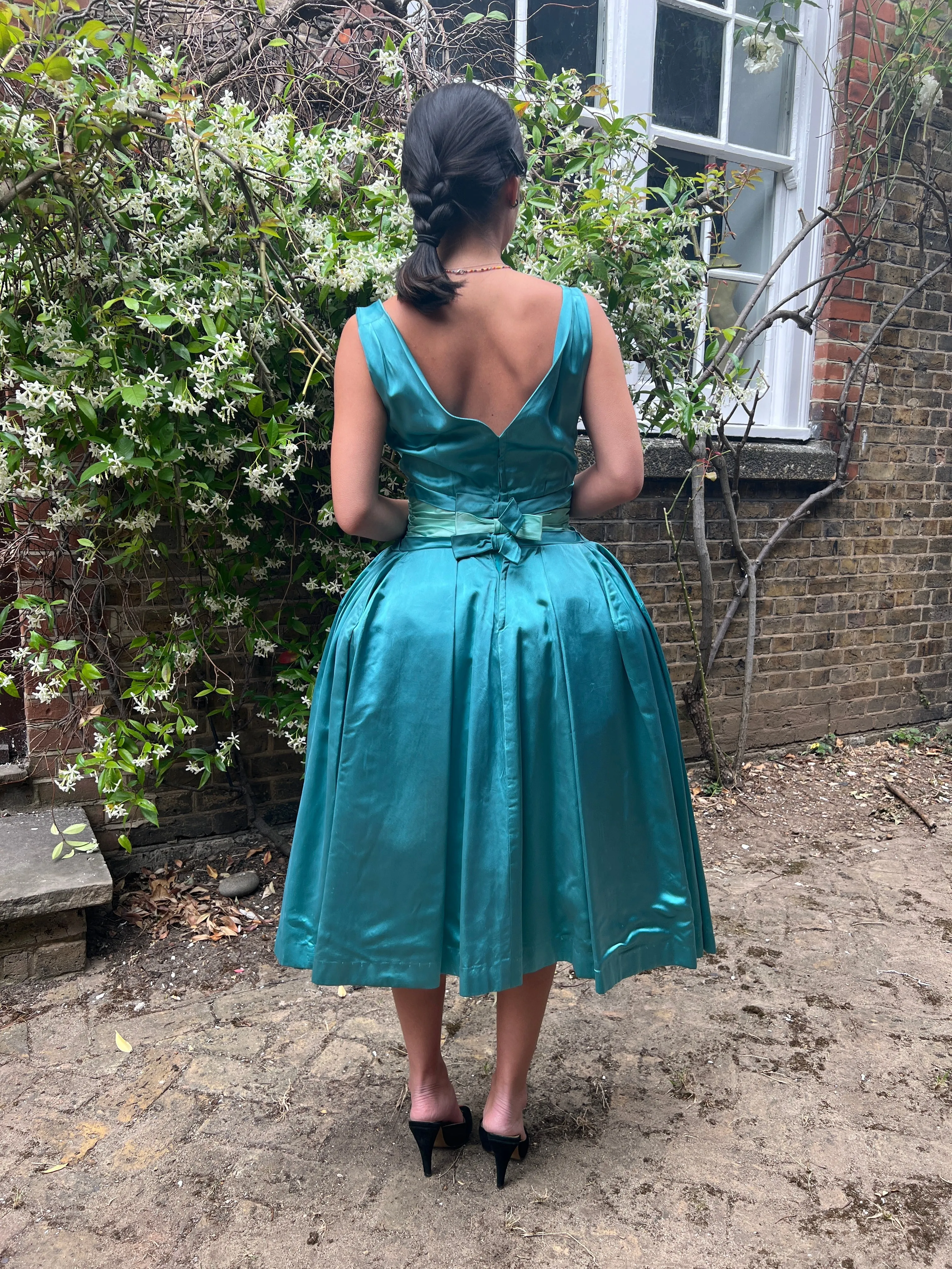 1950s Turquoise Satin Duchess Dress With Corseted Waistband