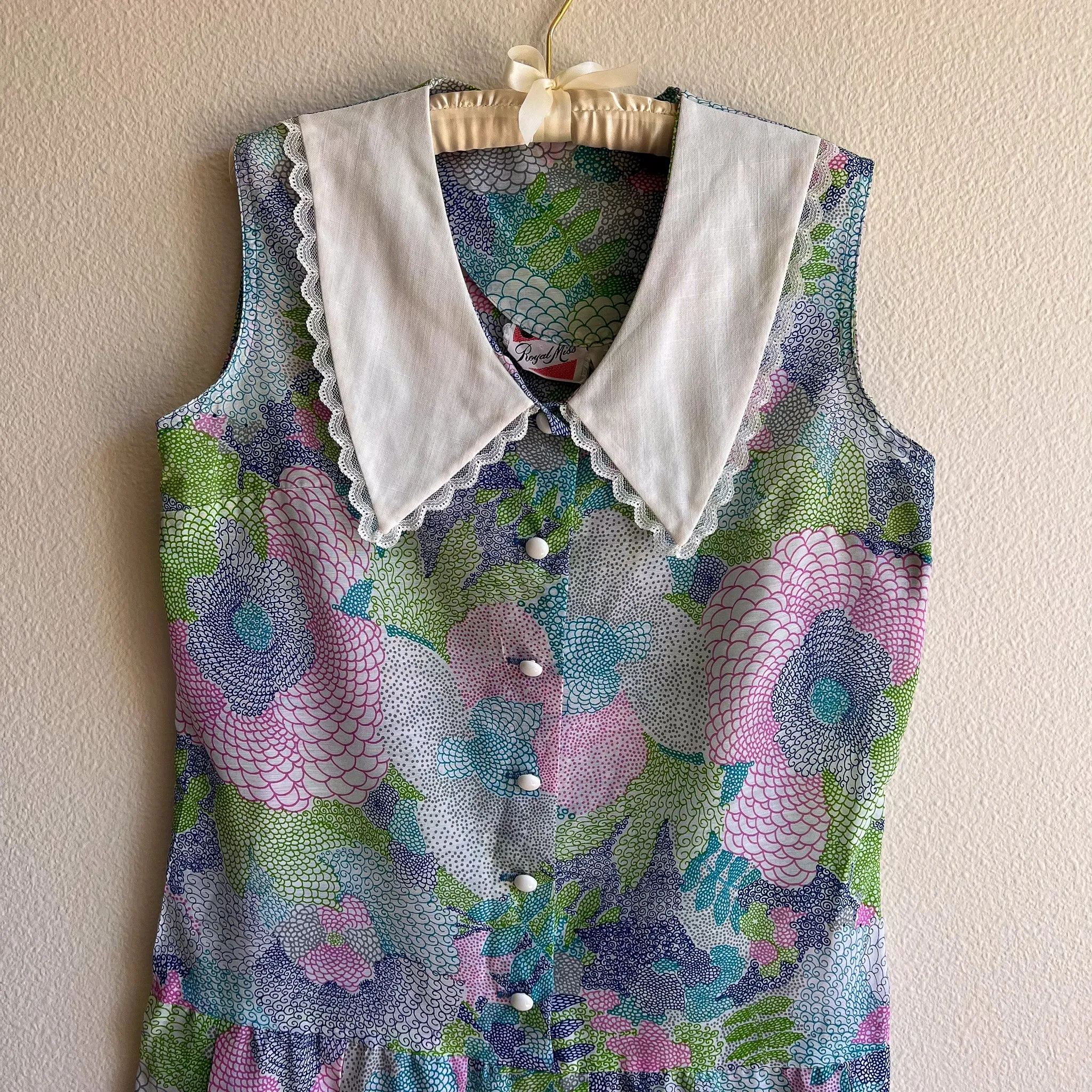 1960s Blue Novelty Print Collared Babydoll Dress (M/L)