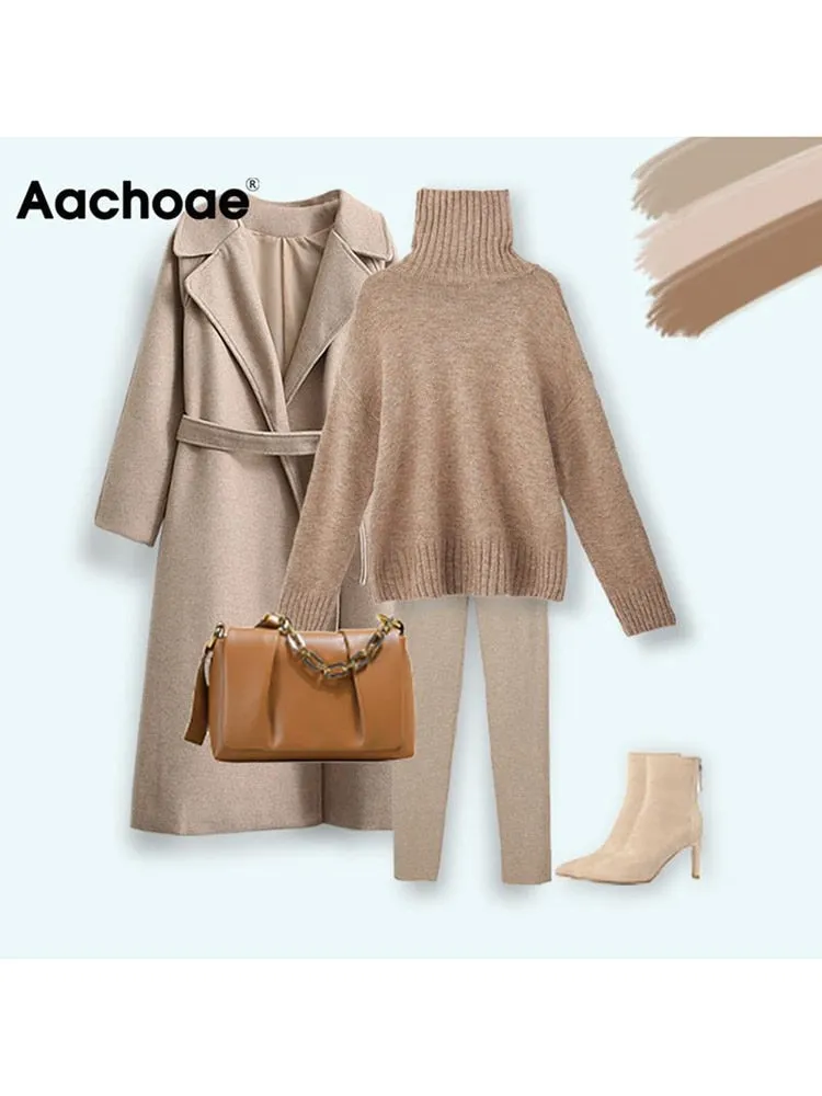 Aachoae Women Elegant Long Wool Coat With Belt Solid Color Long Sleeve Chic Outerwear Ladies Drop Shoulder Overcoat 2022