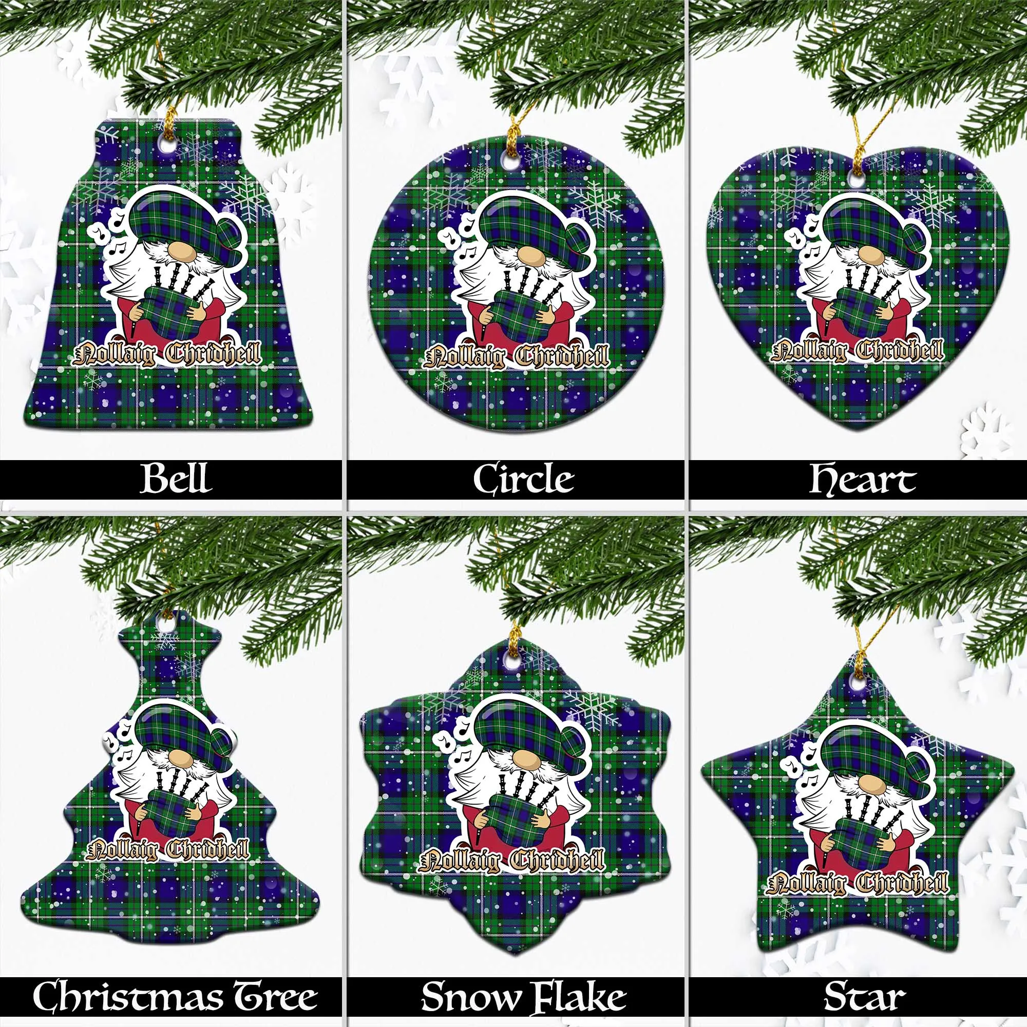 Alexander Tartan Christmas Ceramic Ornaments with Scottish Gnome Playing Bagpipes