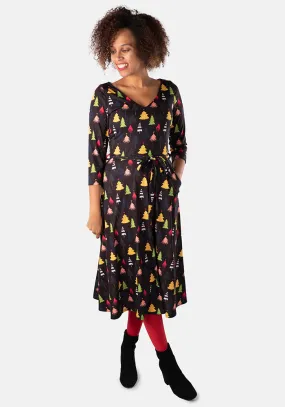 Alpine Colourful Christmas Tree Print Midi Dress