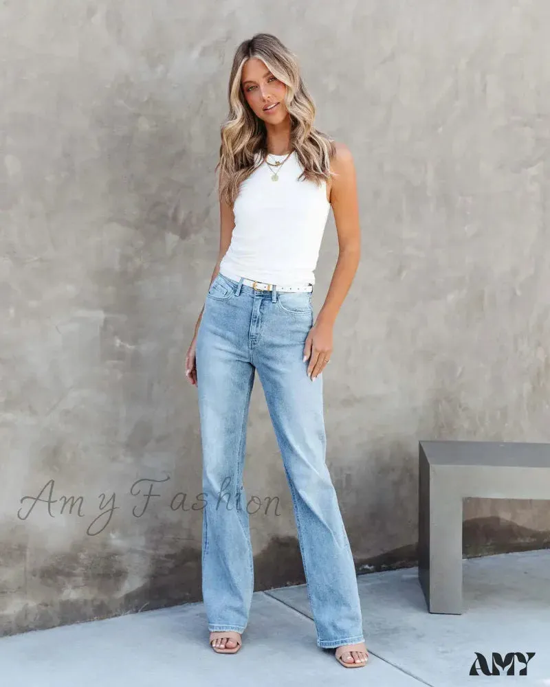Amy Fashion - Stretch Blue High Waist Loose Wide Leg Vintage Fashionable Washed Straight Casual Jean