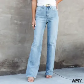 Amy Fashion - Stretch Blue High Waist Loose Wide Leg Vintage Fashionable Washed Straight Casual Jean