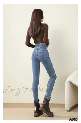 Amy Fashion - Winter Women Thicken Lamb Fluff High Waist Stretchy Fleece Lined Warm Slim Denim Pencil Pants Jean