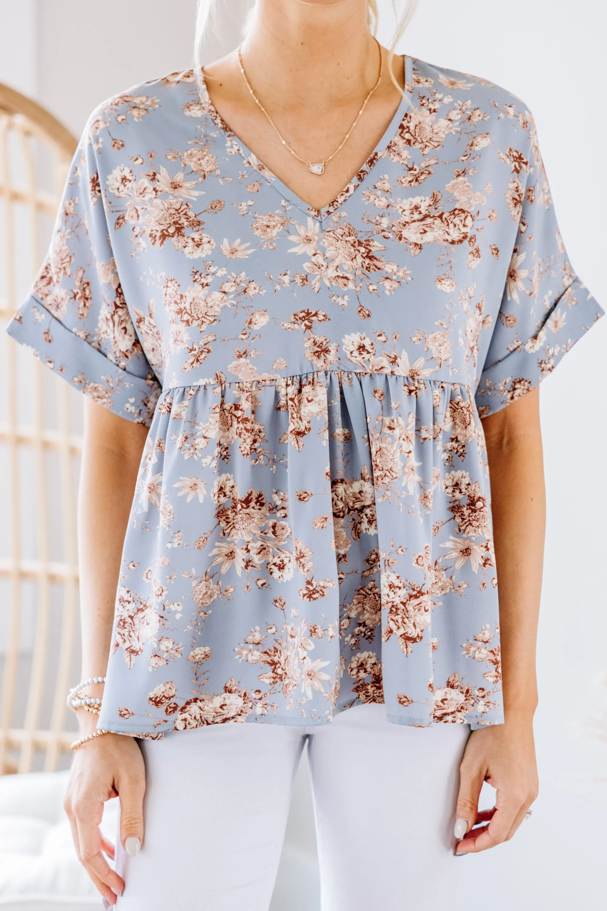 At This Level Blue Floral Babydoll Top