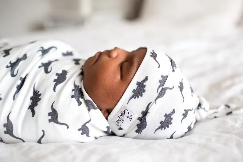 Baby Top Knot Hat | White/Black Dinosaur