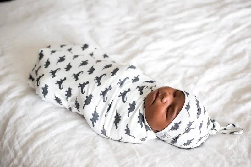 Baby Top Knot Hat | White/Black Dinosaur
