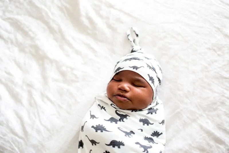 Baby Top Knot Hat | White/Black Dinosaur