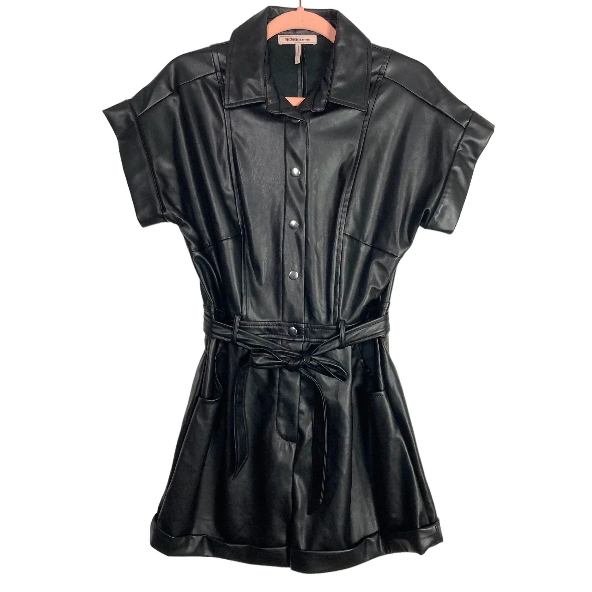 BCBGeneration Black Faux Leather Belted Romper- Size S