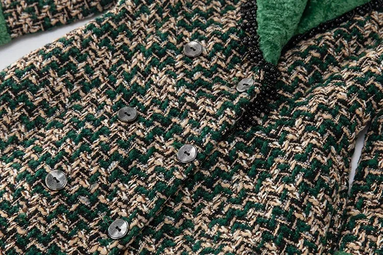 Beading Pockets Plaid Tweed Coat