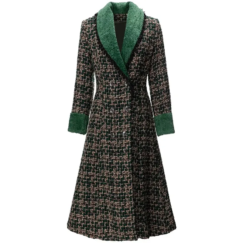 Beading Pockets Plaid Tweed Coat