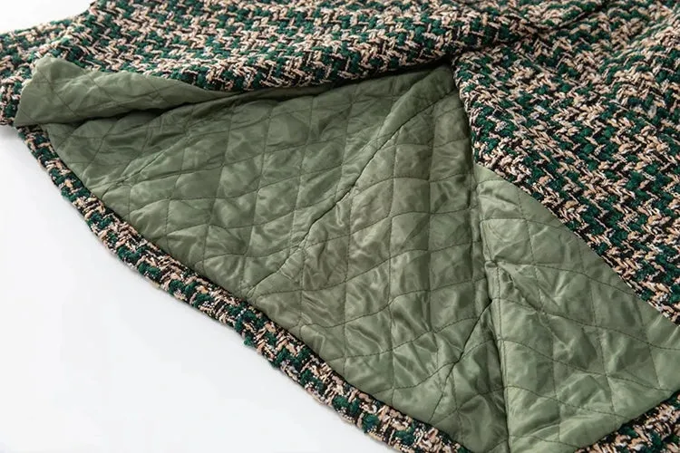 Beading Pockets Plaid Tweed Coat