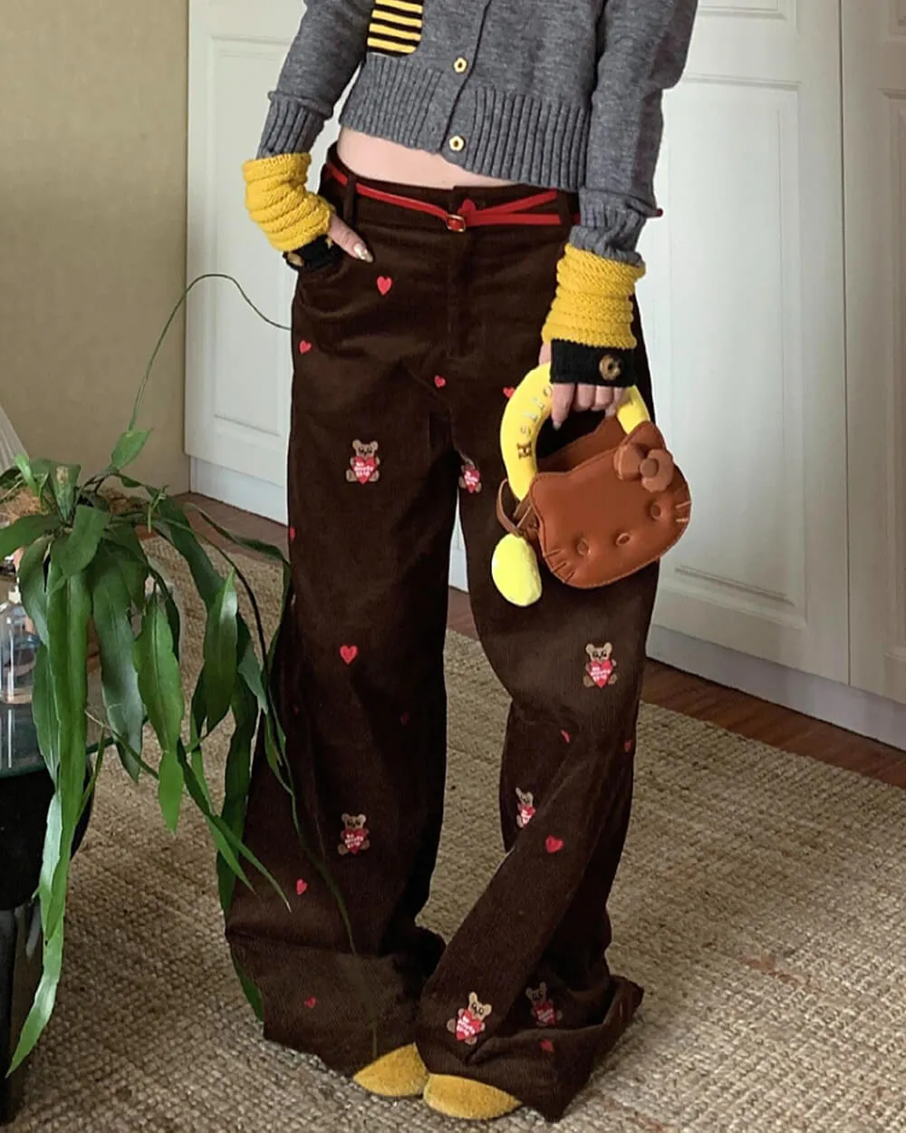 Bear Embroidery Cord Pants