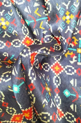 Black Digital Printed Tussar Silk Patola Design Fabric ( 1 Mtr )