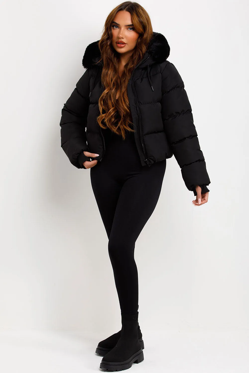 Black Puffer Jacket With Fur Hood