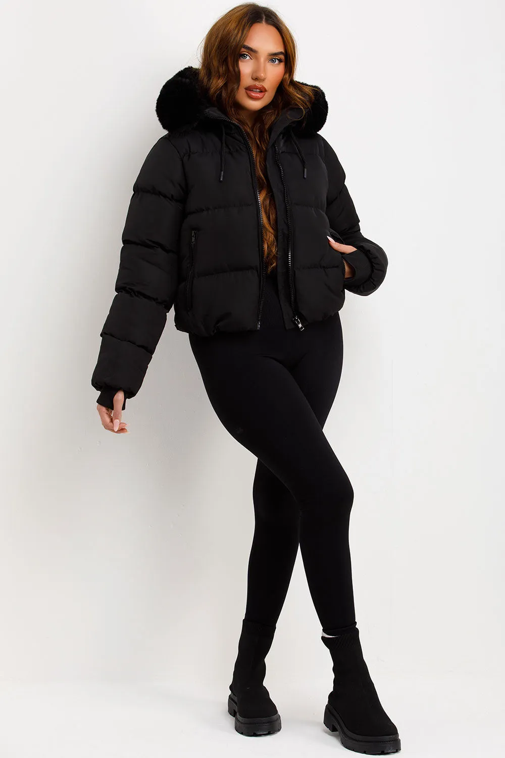 Black Puffer Jacket With Fur Hood