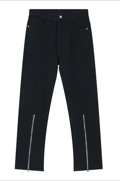 Black Punk Rock Skinny Jeans Pocketed Jeans with Zipper Bottoms Designer 2025