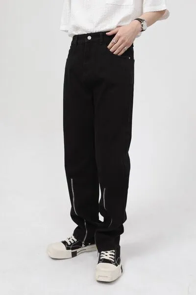 Black Punk Rock Skinny Jeans Pocketed Jeans with Zipper Bottoms Designer 2025