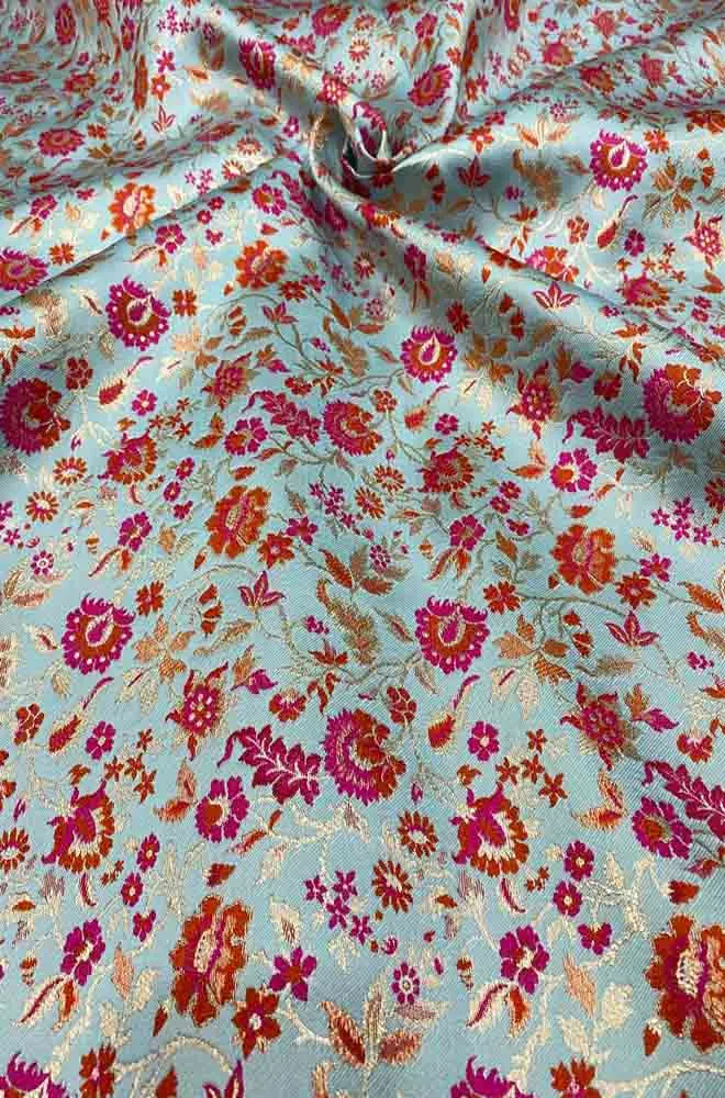 Blue Banarasi Silk Meenakari Floral Design Fabric ( 1 Mtr )