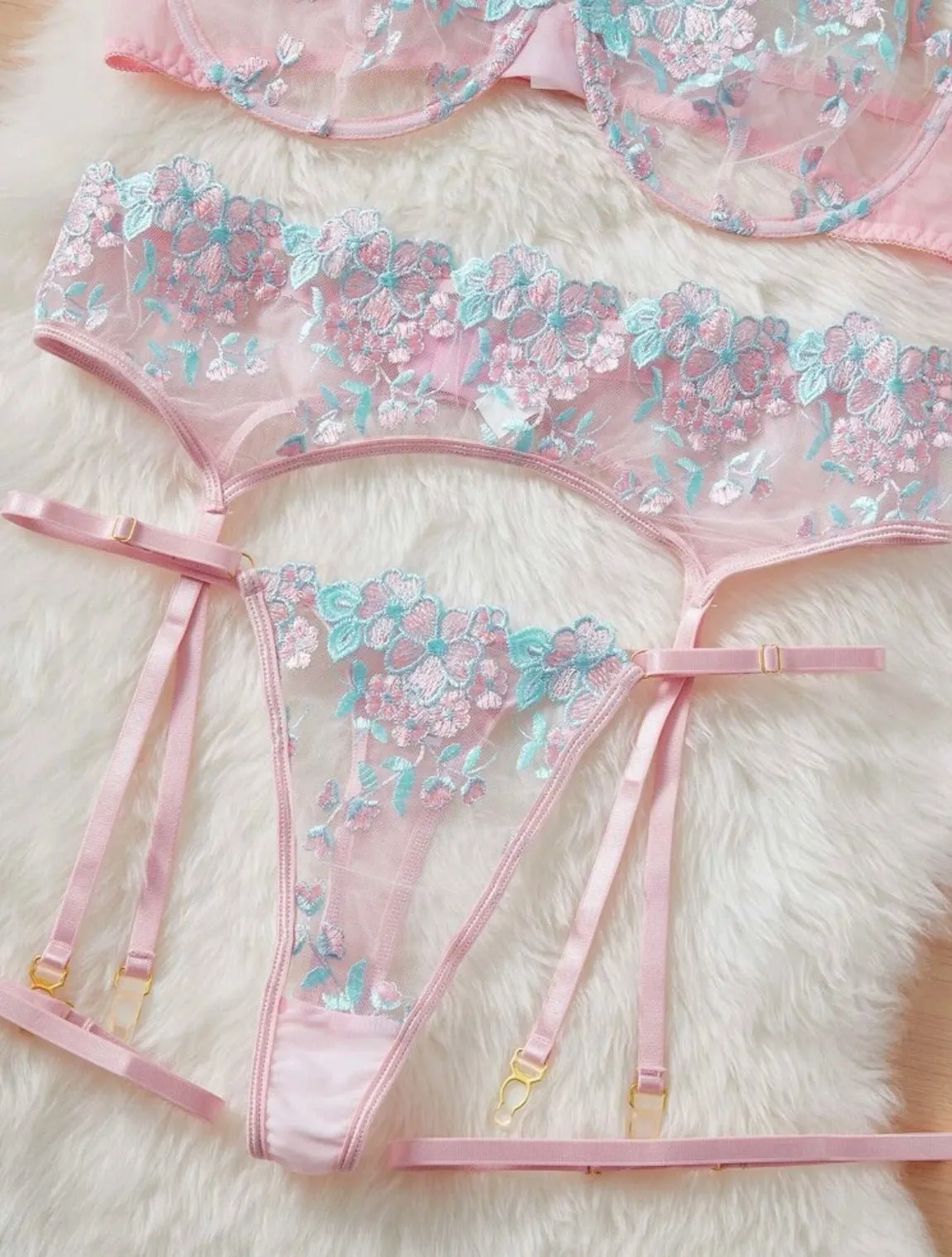 Blue Lingerie Set Pink Embroidery