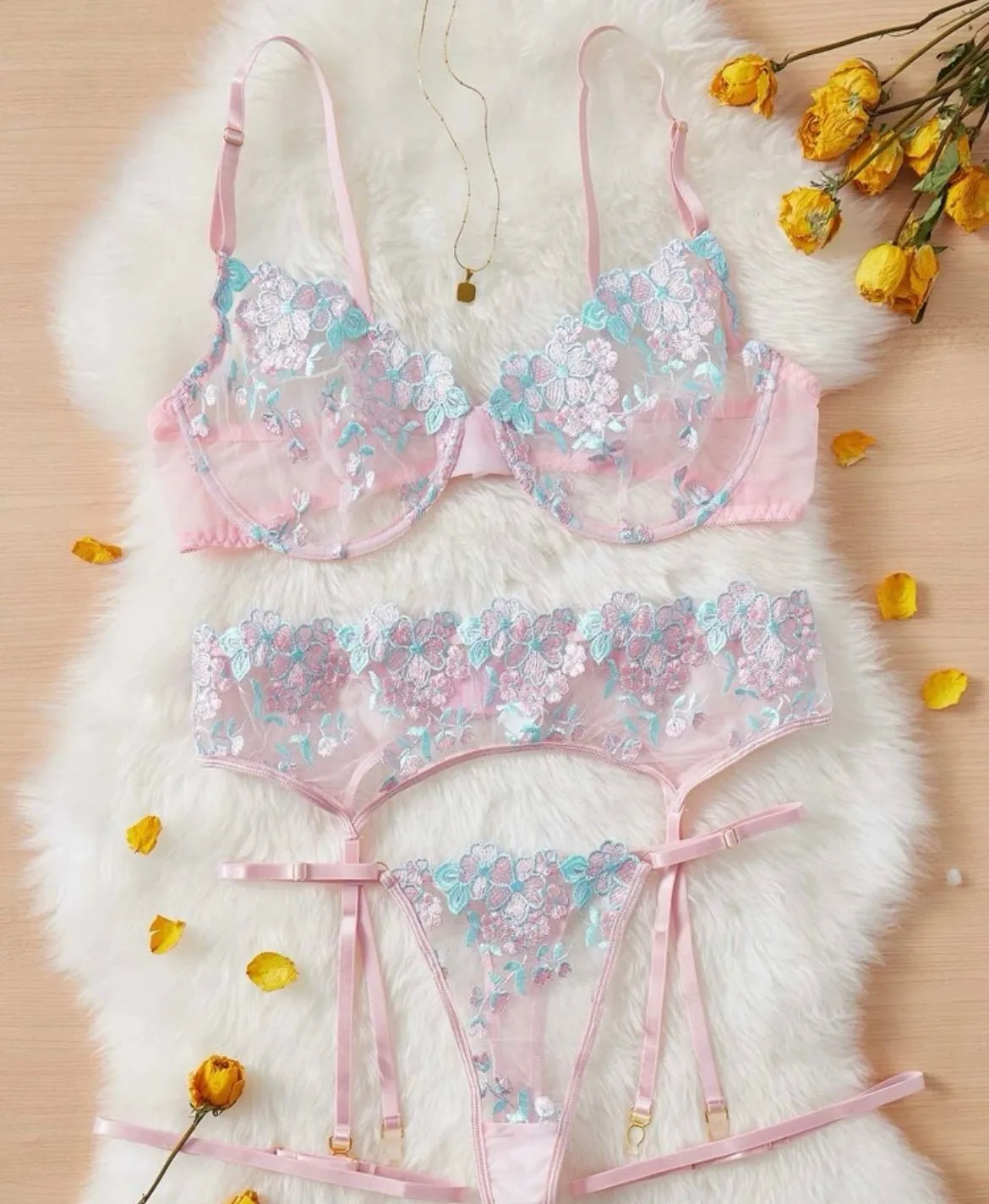 Blue Lingerie Set Pink Embroidery