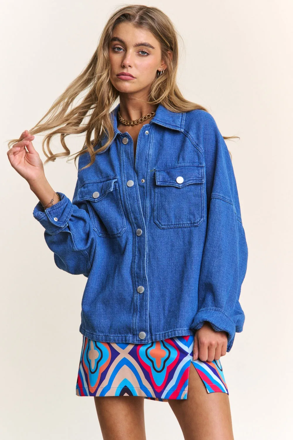 Blue Zone Planet |  J.NNA Snap Down Long Sleeve Denim Shacket