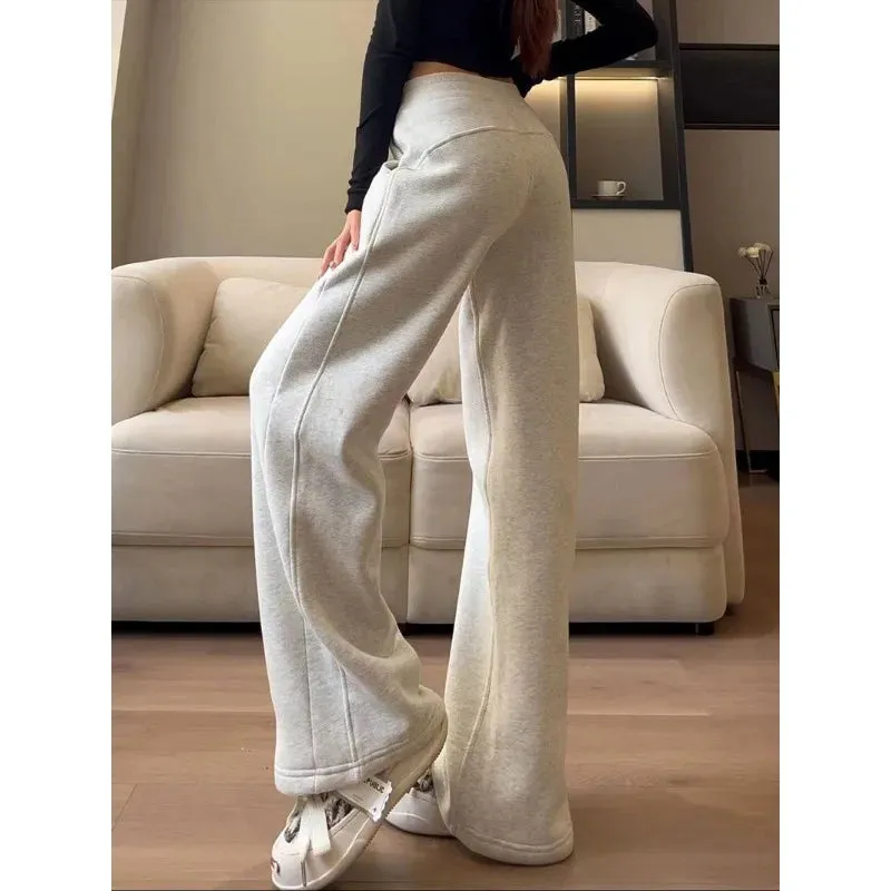 Bonnyshow Grey Sweatpants Women Baggy High Waist Straight Jogger Pants Korean Fashion Autumn Winter Warm Sports Trousers Casual