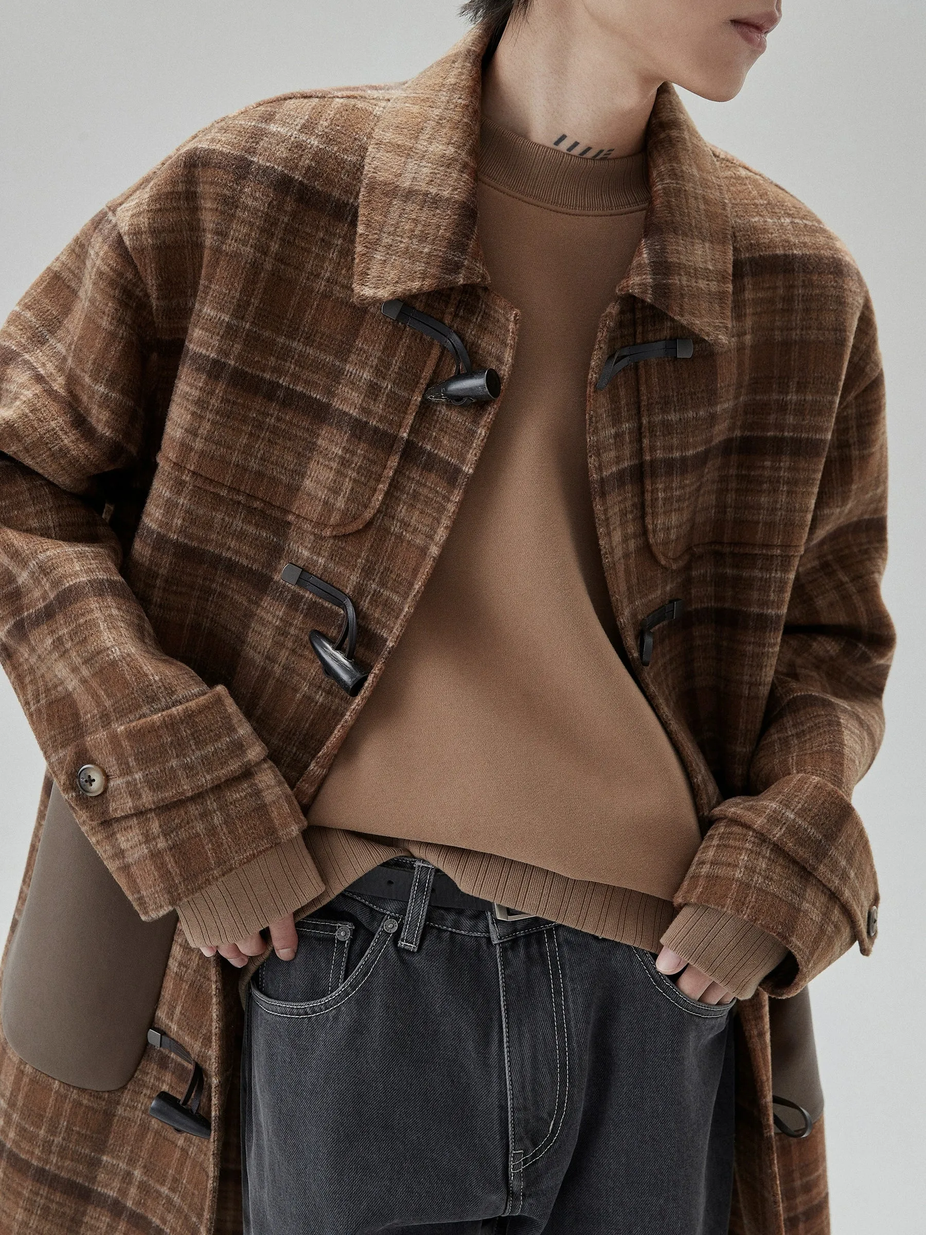 Brown Plaid Toggle Coat