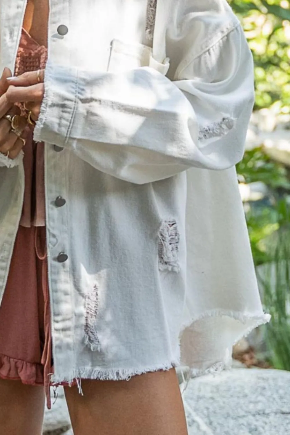 Button Down Raw Hem Distressed Shacket in Ivory
