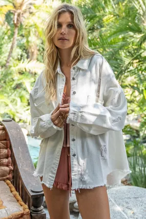 Button Down Raw Hem Distressed Shacket in Ivory