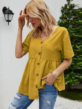 Button Front Ruffle Hem Babydoll Blouse