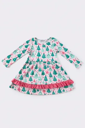 Christmas tree print girl ruffle dress