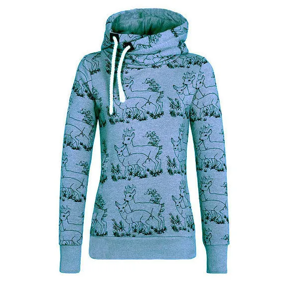 Deer Print Drawstring Womens Hoodie Sweatshirt