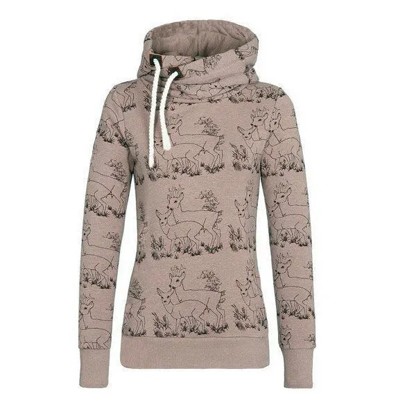 Deer Print Drawstring Womens Hoodie Sweatshirt