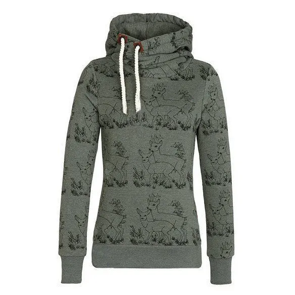 Deer Print Drawstring Womens Hoodie Sweatshirt
