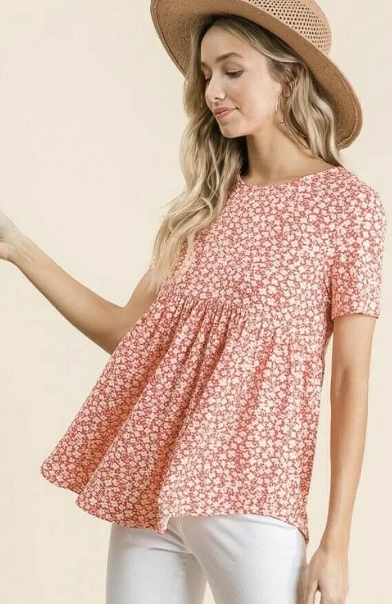 Ditsy Coral Floral Short Sleeve Babydoll Top Casual Womens