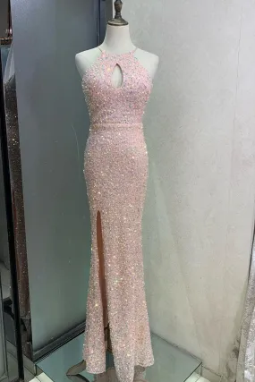 Elegant Key Hole Pink Sequins Long Prom Dress