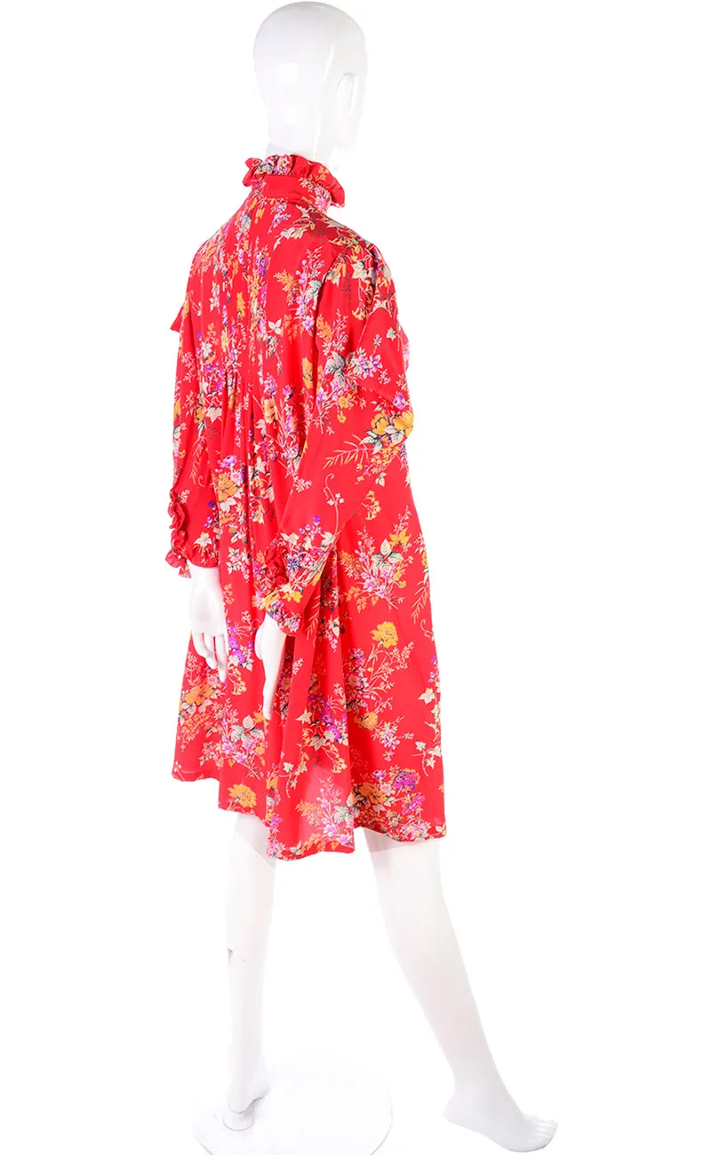 Emanuel Ungaro Parallele Vintage Red Floral High Neck Dress w Dramatic Shoulders