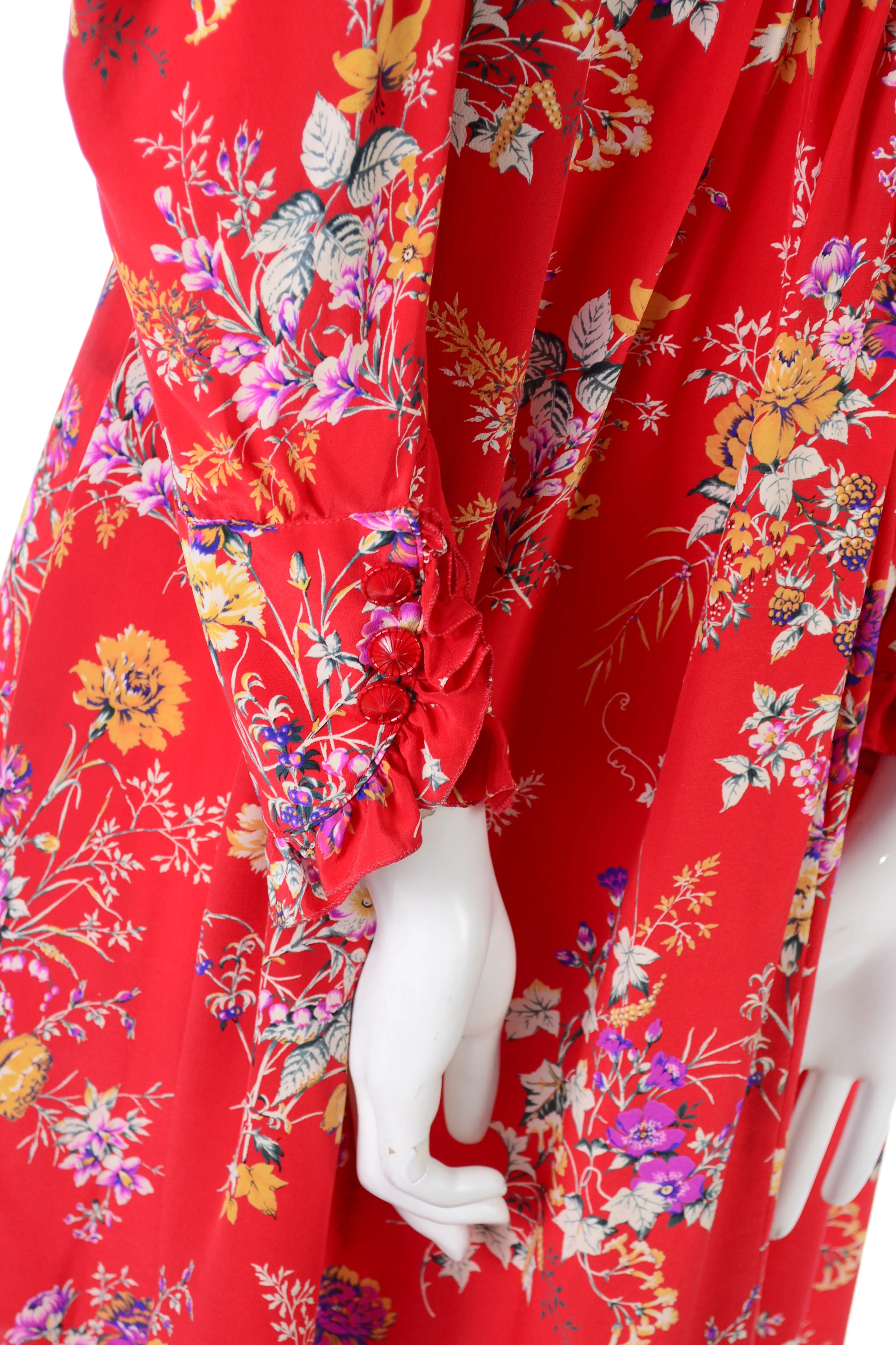 Emanuel Ungaro Parallele Vintage Red Floral High Neck Dress w Dramatic Shoulders