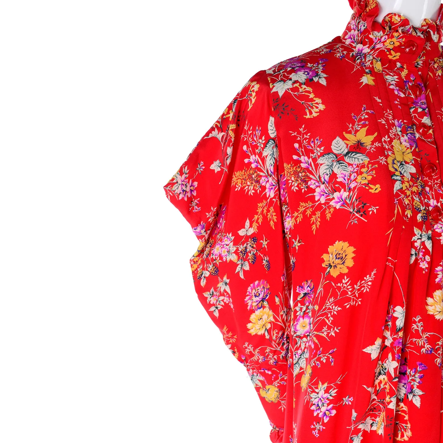 Emanuel Ungaro Parallele Vintage Red Floral High Neck Dress w Dramatic Shoulders