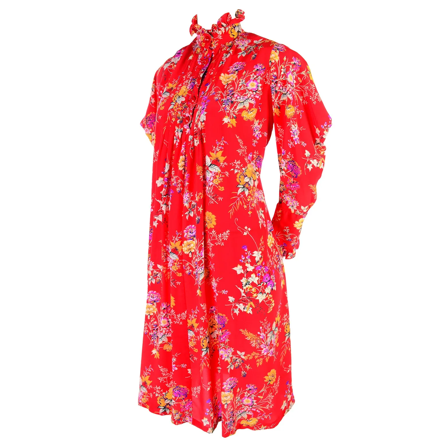 Emanuel Ungaro Parallele Vintage Red Floral High Neck Dress w Dramatic Shoulders