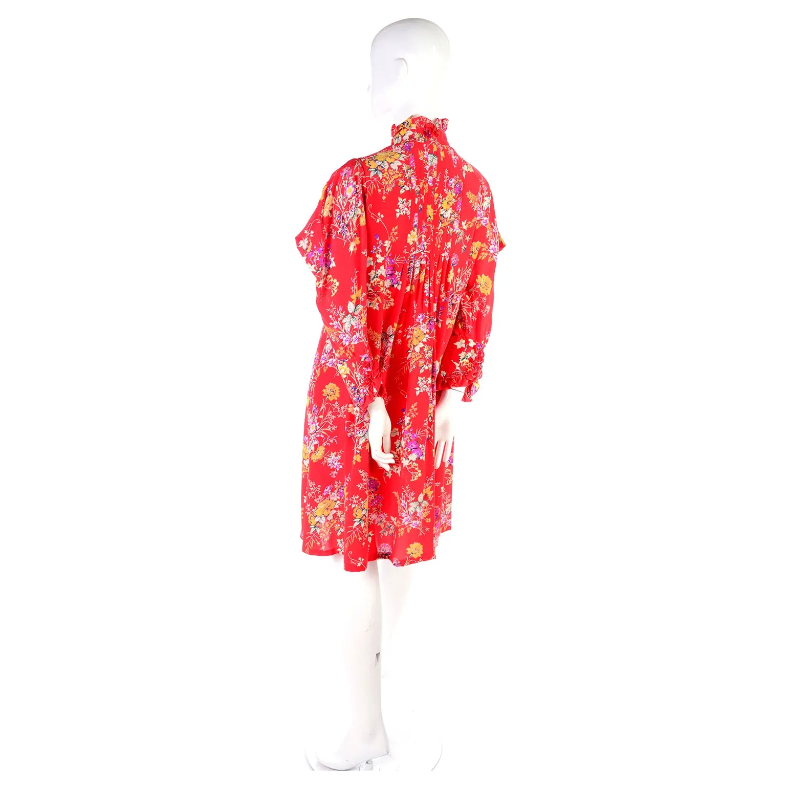 Emanuel Ungaro Parallele Vintage Red Floral High Neck Dress w Dramatic Shoulders