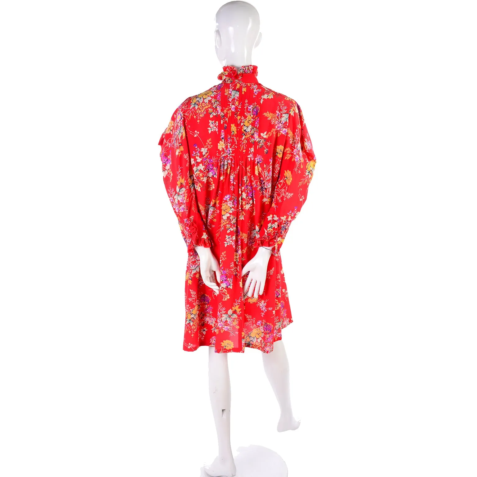 Emanuel Ungaro Parallele Vintage Red Floral High Neck Dress w Dramatic Shoulders