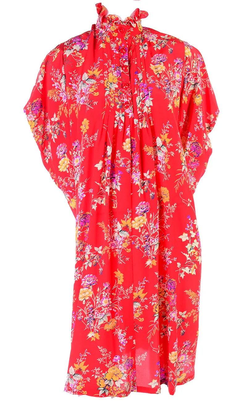 Emanuel Ungaro Parallele Vintage Red Floral High Neck Dress w Dramatic Shoulders