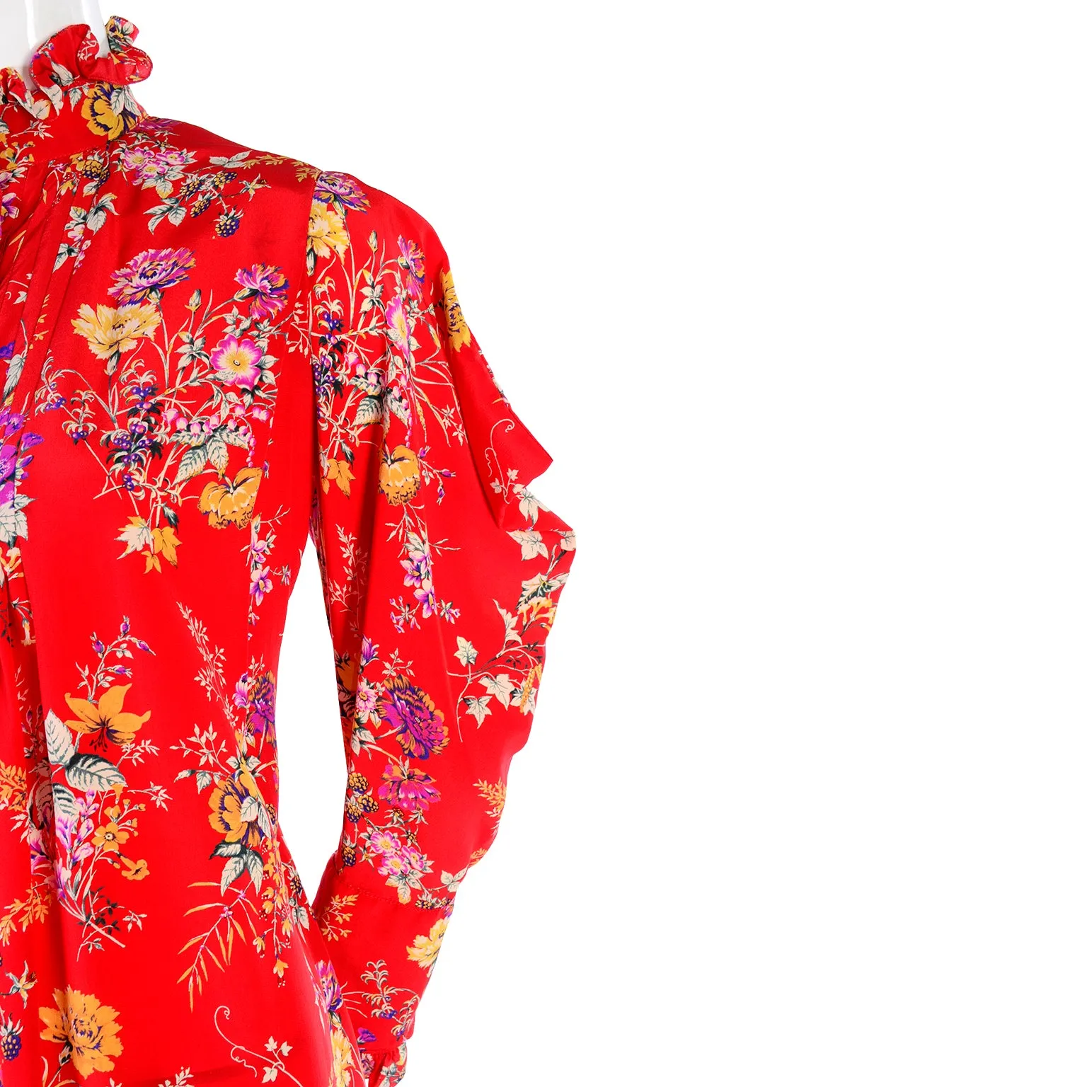 Emanuel Ungaro Parallele Vintage Red Floral High Neck Dress w Dramatic Shoulders