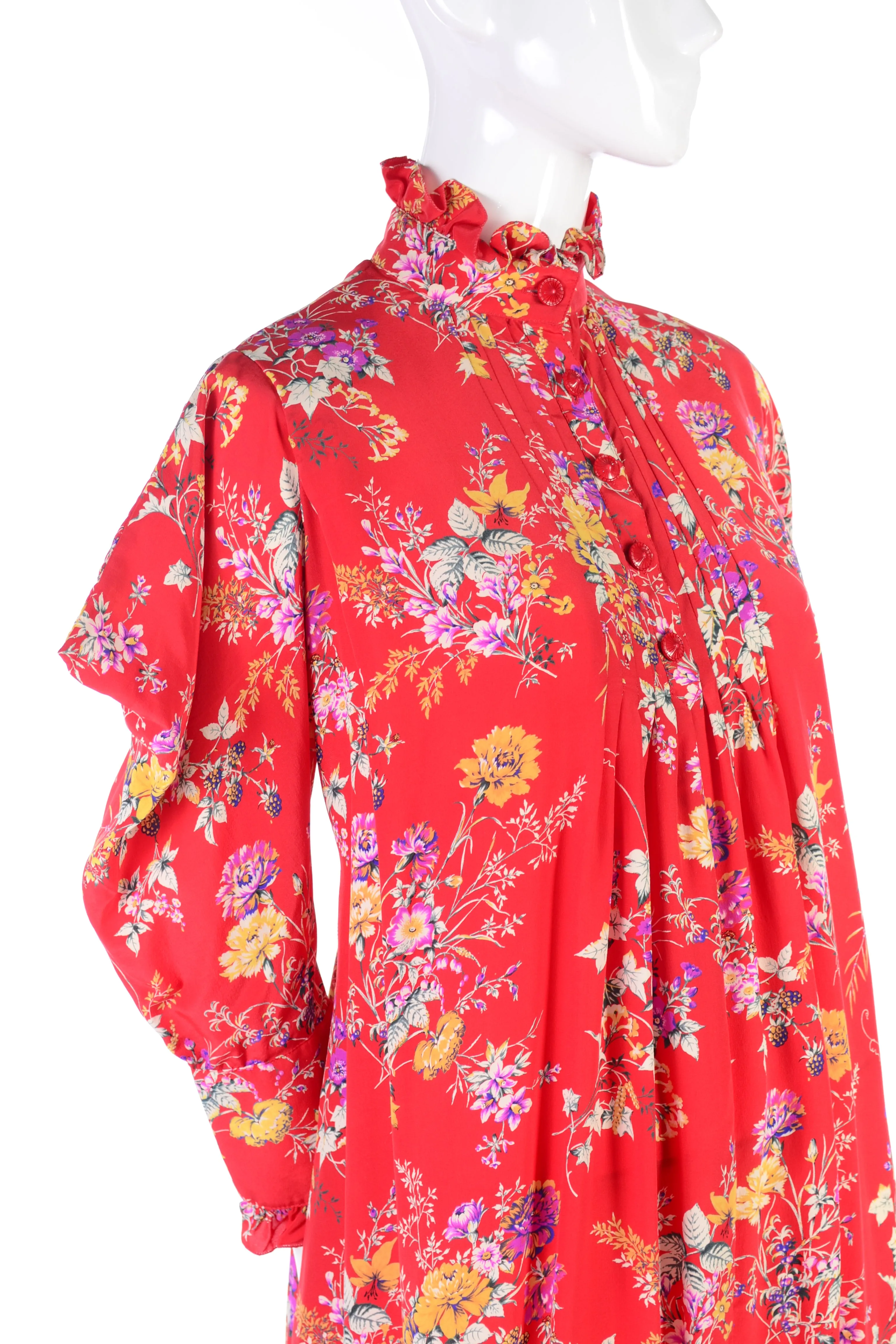 Emanuel Ungaro Parallele Vintage Red Floral High Neck Dress w Dramatic Shoulders