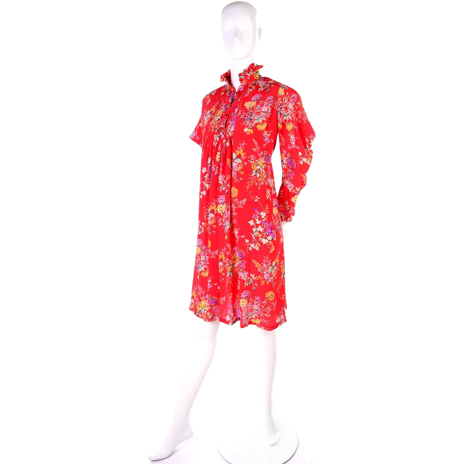 Emanuel Ungaro Parallele Vintage Red Floral High Neck Dress w Dramatic Shoulders