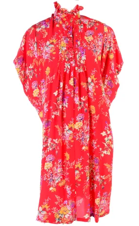 Emanuel Ungaro Parallele Vintage Red Floral High Neck Dress w Dramatic Shoulders