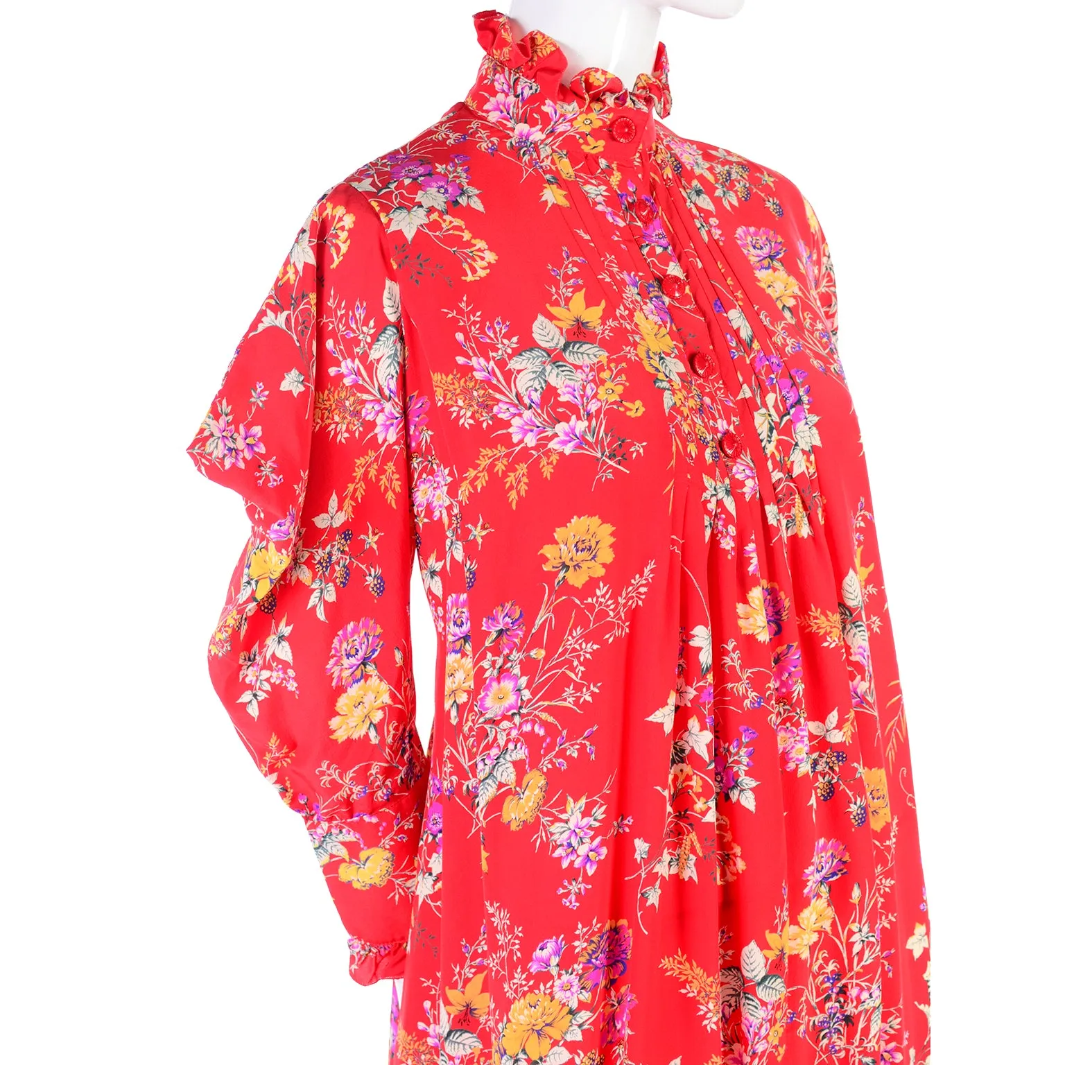 Emanuel Ungaro Parallele Vintage Red Floral High Neck Dress w Dramatic Shoulders